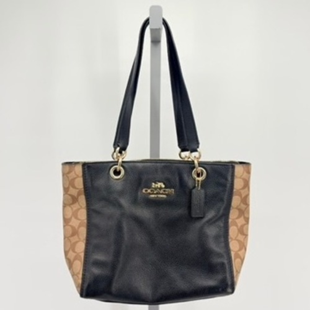 Coach Jes Tote F80810 Signature‎ Canvas Pebble Leather Black Khaki